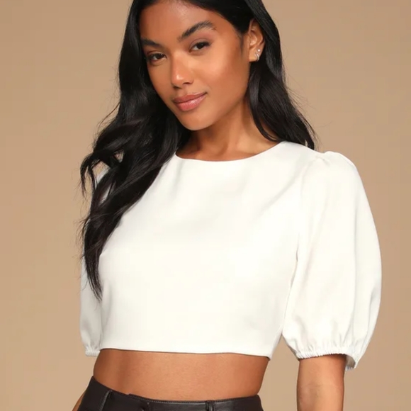 Lulus Subtle Flirt Ivory Puff Sleeve Lace-Up Crop Top - Small - Picture 2 of 6